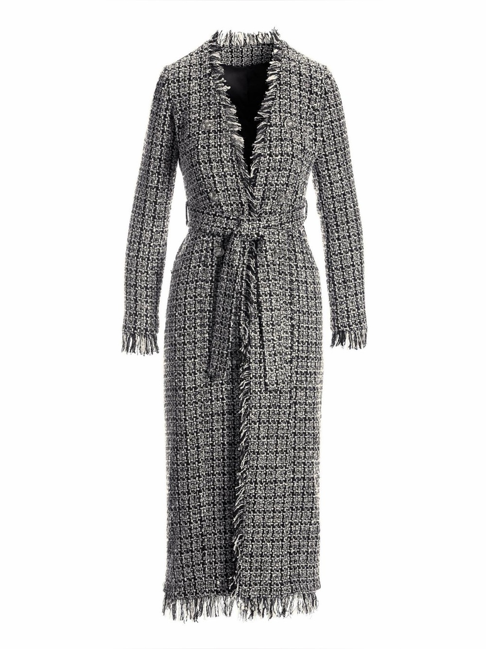Boston Proper Black & White Tweed Fringe Long Coat with Belt